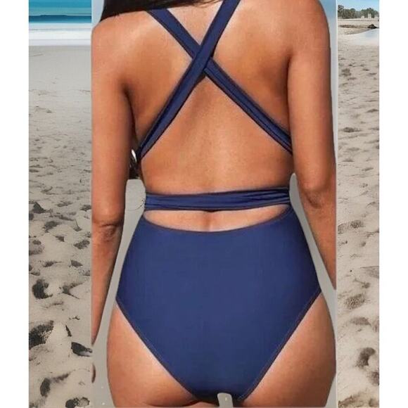 CUPSHE Women 1 Piece Halter Swimsuit M Blue Wrap V-Neck Crisscross Back Straps - Picture 3 of 9